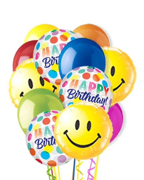 Cluster of colorful birthday balloons with smiley faces and "Happy Birthday" text