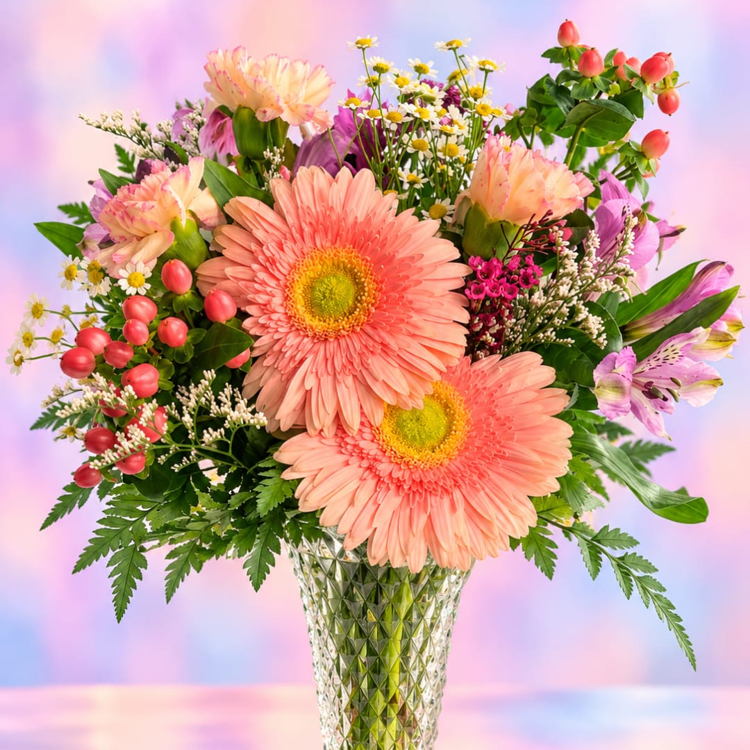 Mixed bouquet with peach gerbera daisies in a glass vase