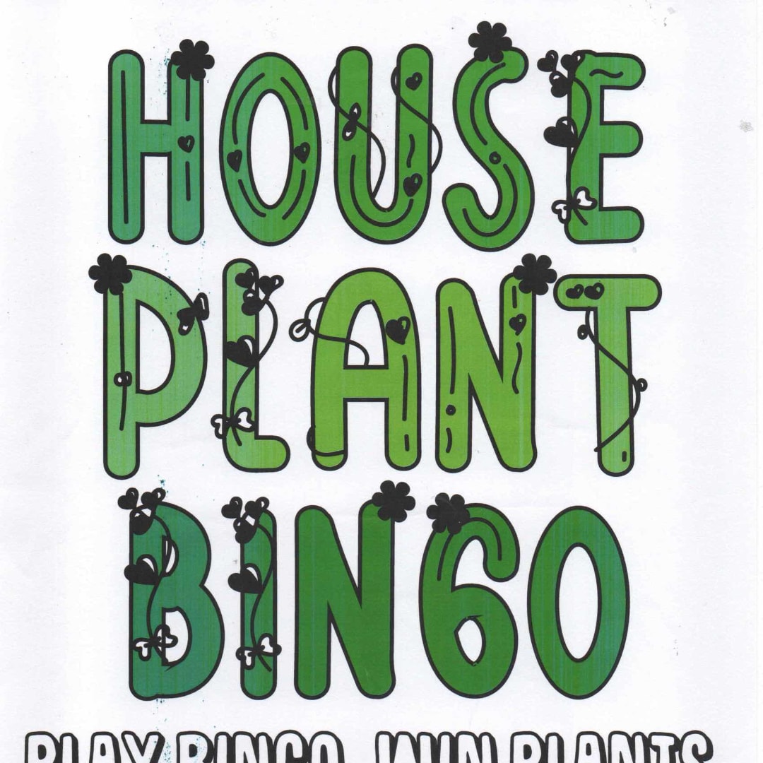 Green text graphic reading "HOUSE PLANT BINGO" on a white background