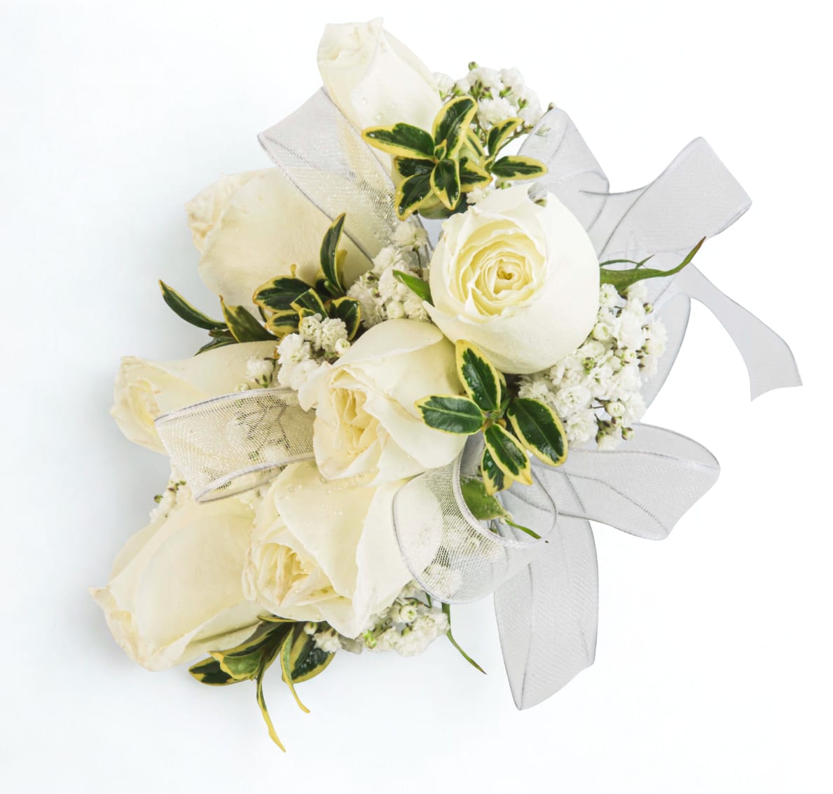 Bouquet of white roses with white ribbon and small white filler flowers