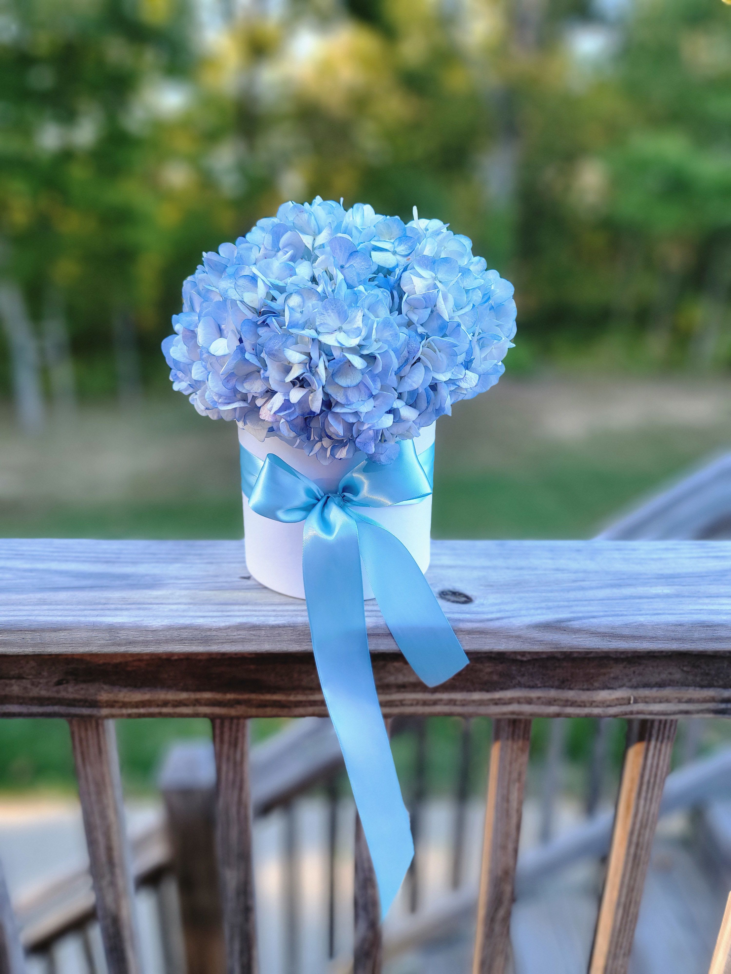 Blue hydrangea arrangement in a white box with a blue ribbon