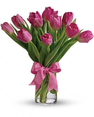 Precious Pink Tulips - Beautiful and "simply said" light pink tulips are a hip way to show you care. Ten delicate light pink Tulips arranged in a clear glass vase.