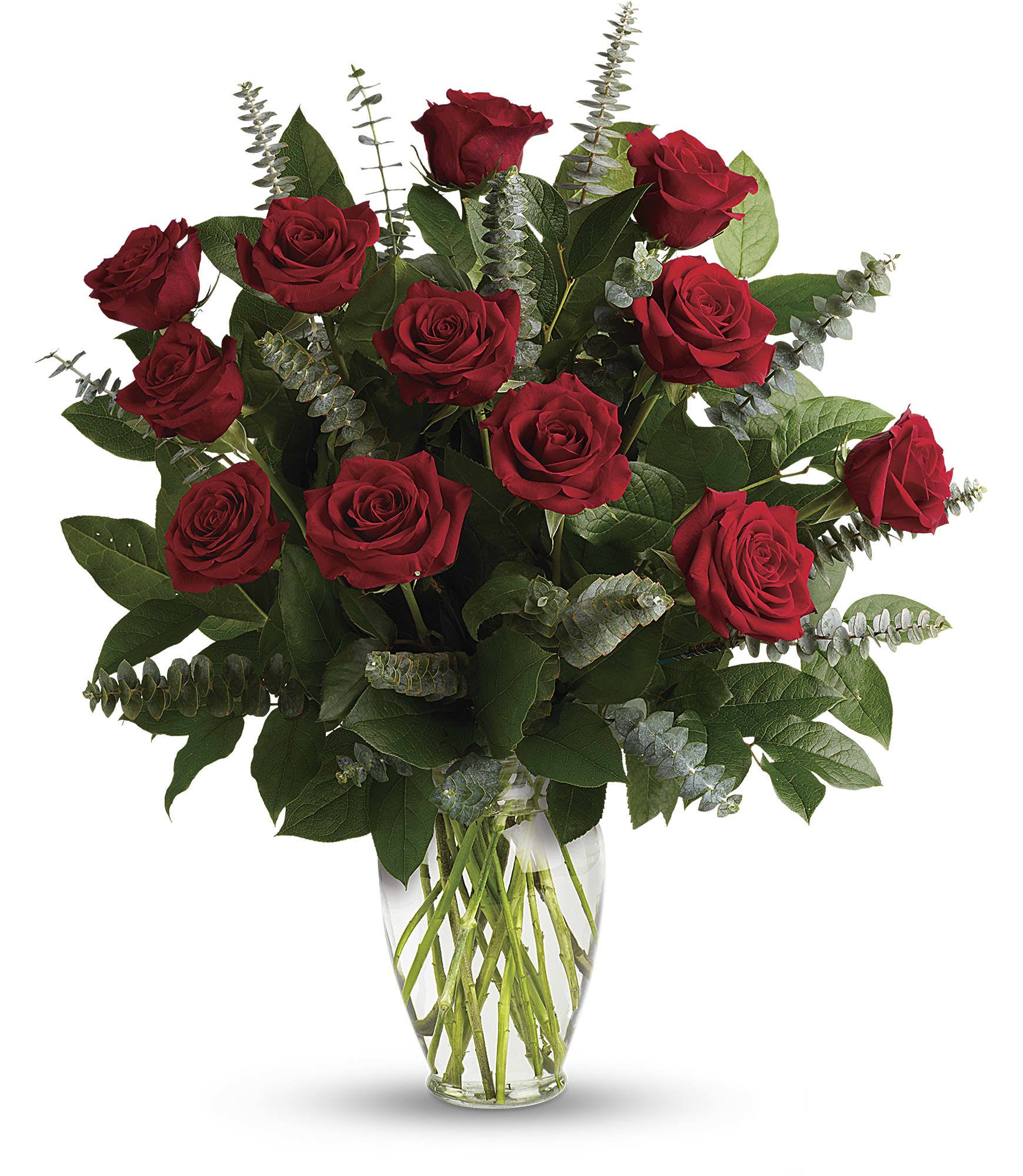 Red roses arranged in a clear glass vase with eucalyptus