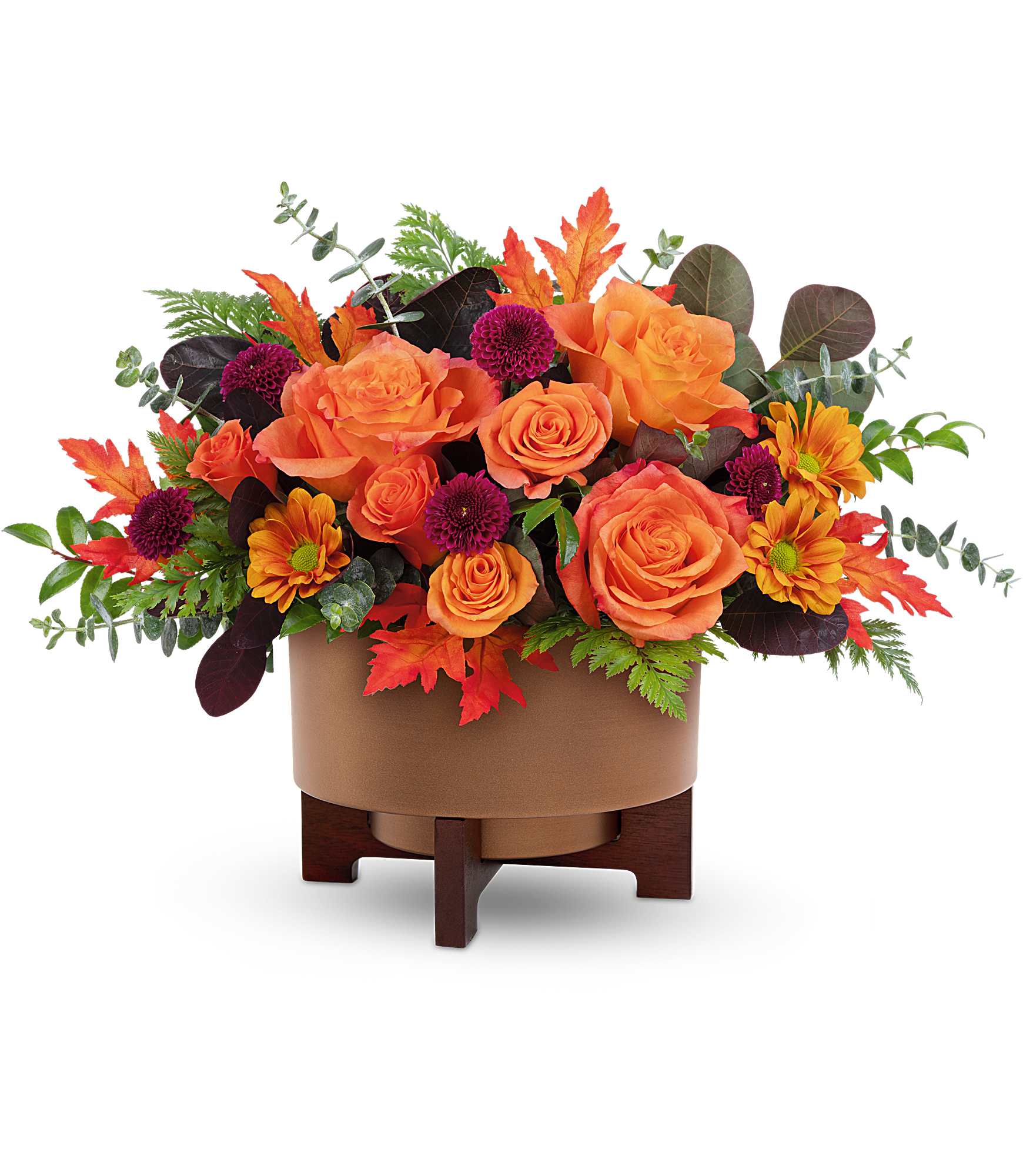 Fall For Copper Centerpiece - Turn up the autumn glow with our  Fall For Copper Centerpiece. Bursting with vibrant orange blooms and rich fall foliage in a modern copper-finished planter, this centerpiece is a warm and stylish way to celebrate the season