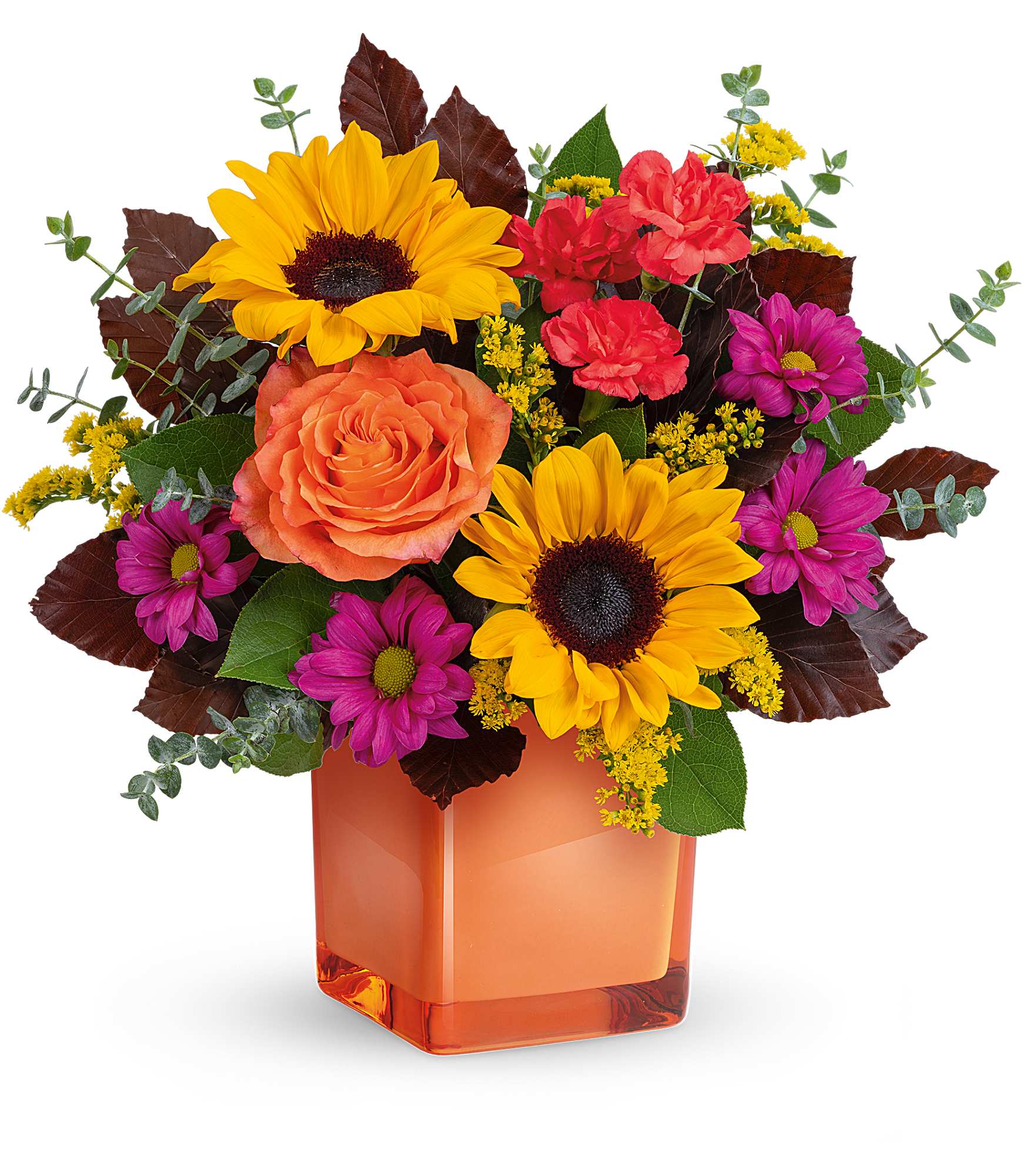 Midnight Harvest Bouquet - Midnight Harvest Bouquet brings autumn magic with orange roses, sunny sunflowers, and bold pops of purple in a glowing orange cube. A warm, cheerful gift for fall gatherings or Thanksgiving tables.