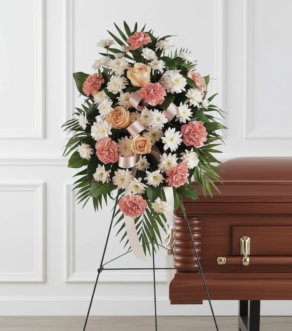 Standing spray of peach roses, pink carnations, and white daisies on an easel beside a casket