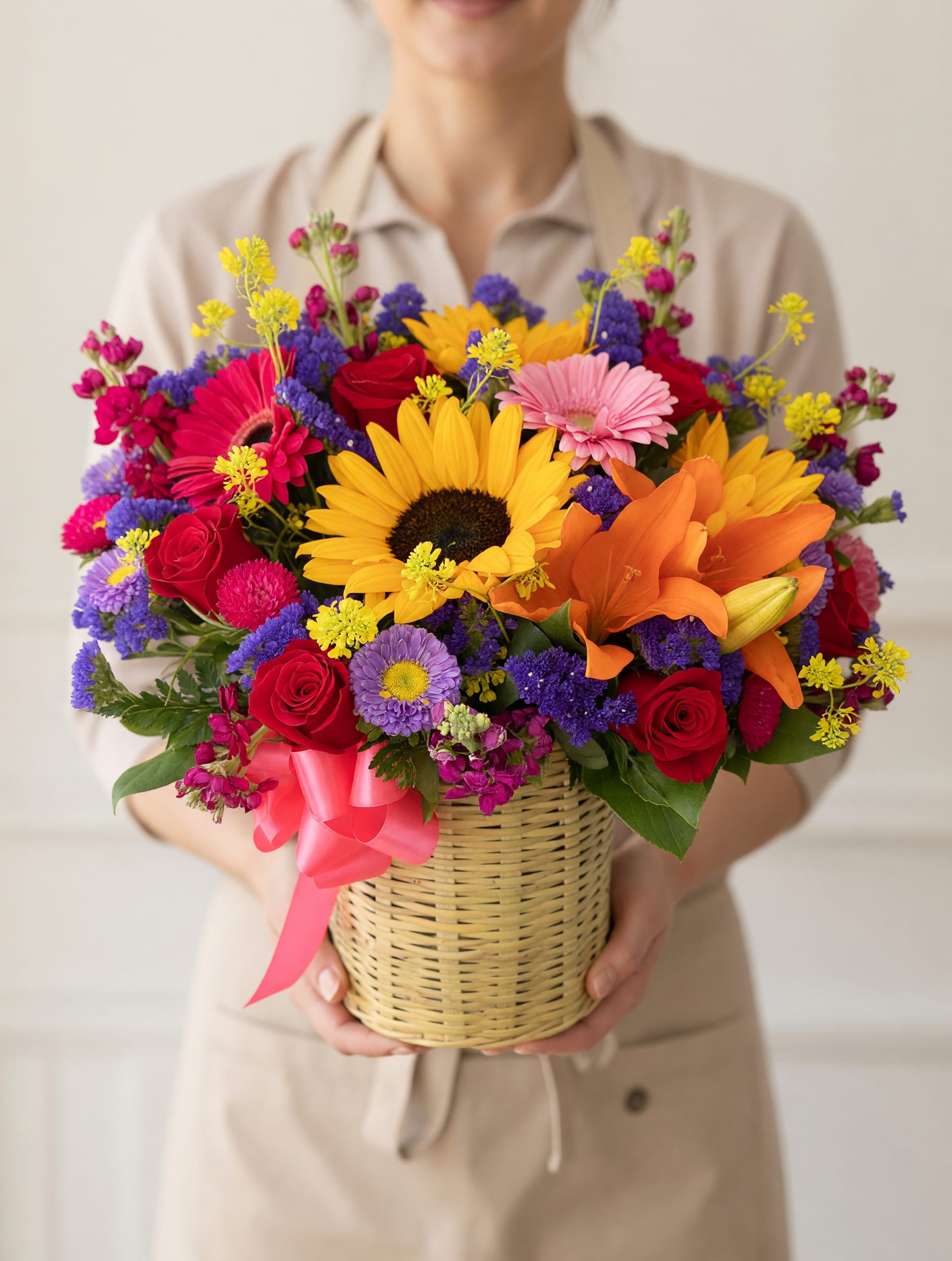 Vibrant Spring Basket - An explosion of color and joy designed to illuminate any special occasion. This charming arrangement combines radiant sunflowers, elegant red roses, delicate orange lilies and a selection of seasonal flowers in vibrant shades such as fuchsia, yellow and purple. Each flower has been carefully selected and placed in a woven basket, creating a warm, natural and lively presentation.  Perfect to celebrate Mother's Day, birthday or simply to surprise with a detail full of energy and love. Its cheerful design conveys happiness, gratitude and affection in every angle. 