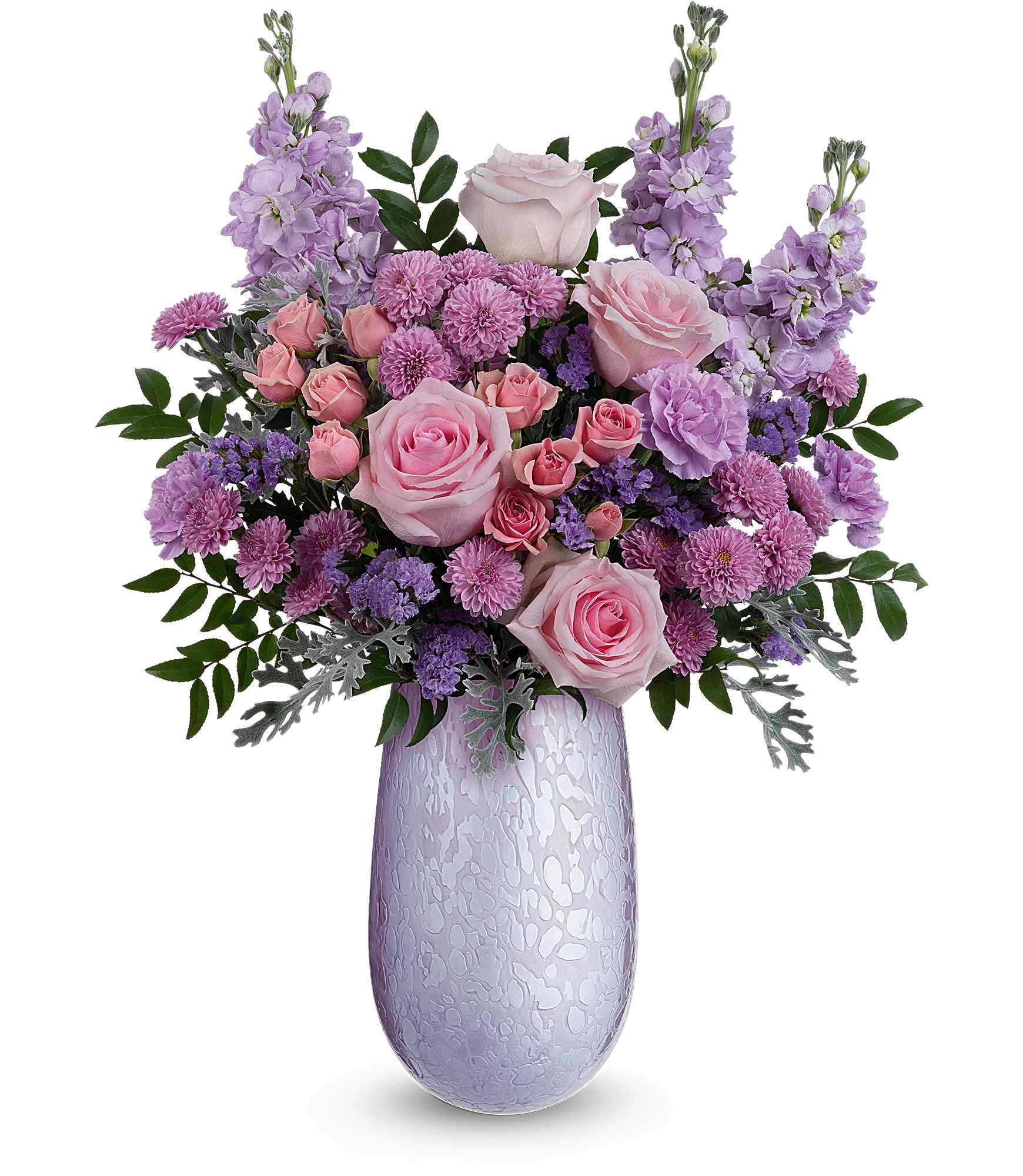 Joyful Blossoms Bouquet - What a treat! Overflowing with pink roses and lavender blooms, this stunning Mother's Day bouquet is artfully arranged in our hand-blown iridescent glass Vivi vase-a keepsake Mom will treasure.