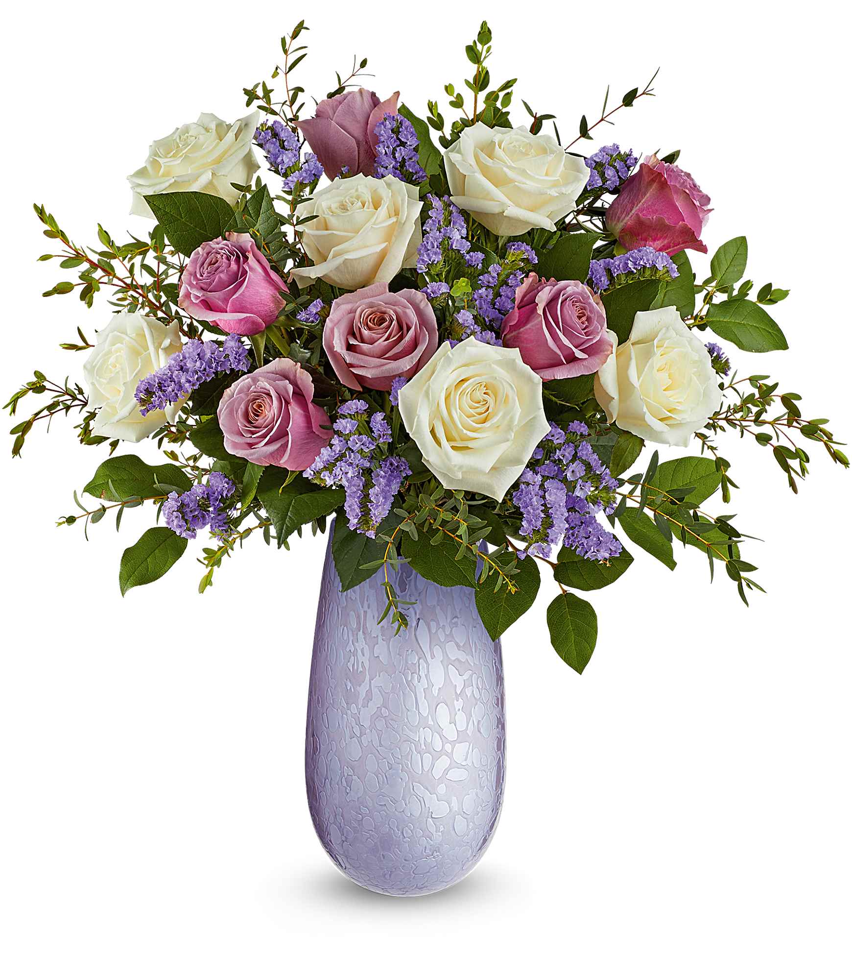 Marvelous Moments Bouquet - Make every moment magical with our Marvelous Moments Bouquet, a breathtaking all-rose arrangement in our hand-blown iridescent Vivi vase. Radiating romance and elegance, this timeless keepsake is the perfect way to celebrate love in style.
