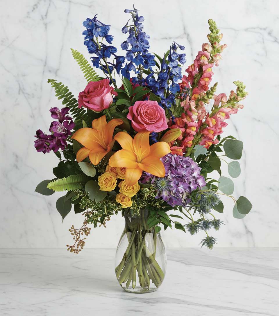 Colorful bouquet with roses, lilies, delphinium, and snapdragons in a glass vase