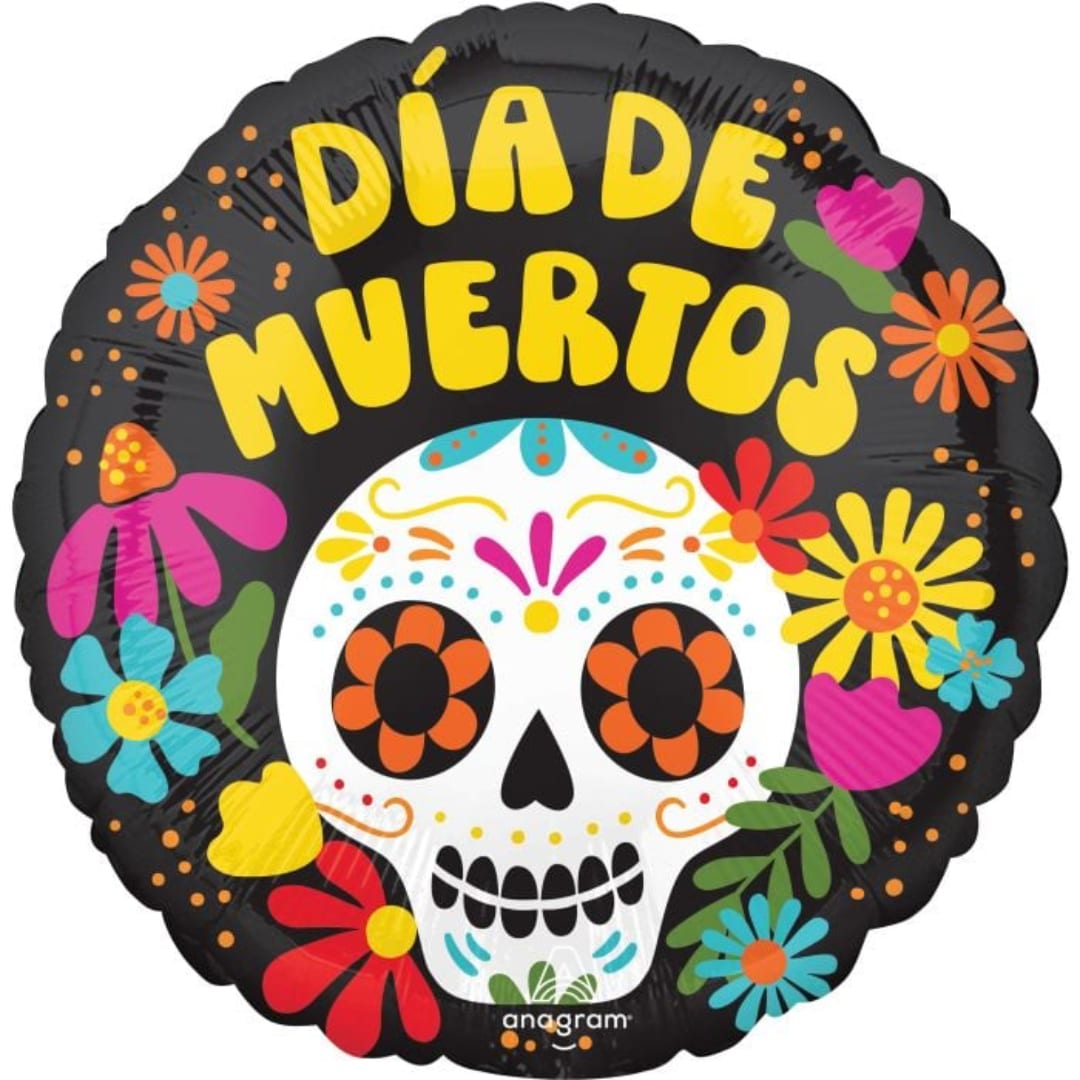 Sugar skull balloon with colorful flowers and "DIA DE MUERTOS" text