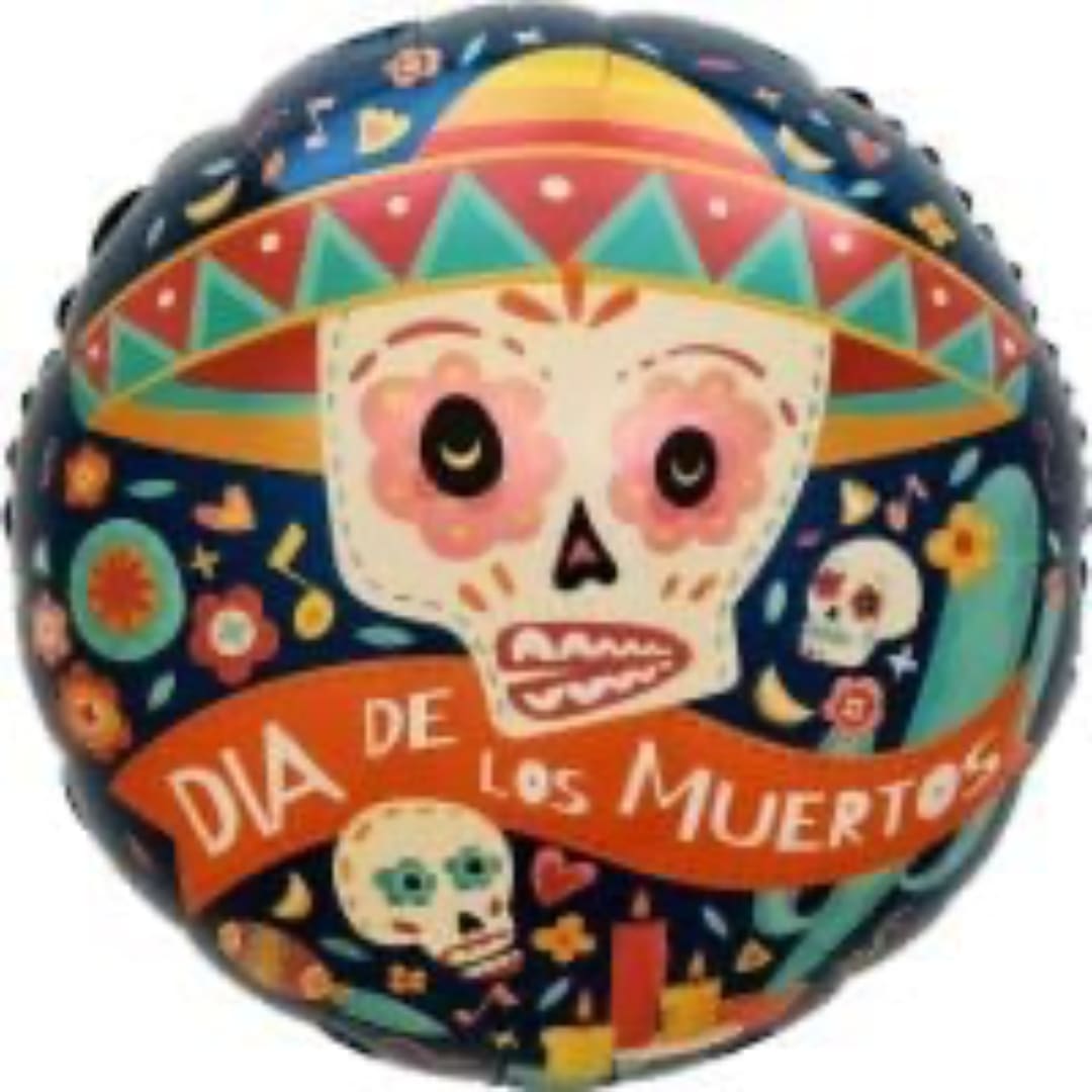 Decorative Día de los Muertos skull balloon with colorful patterns
