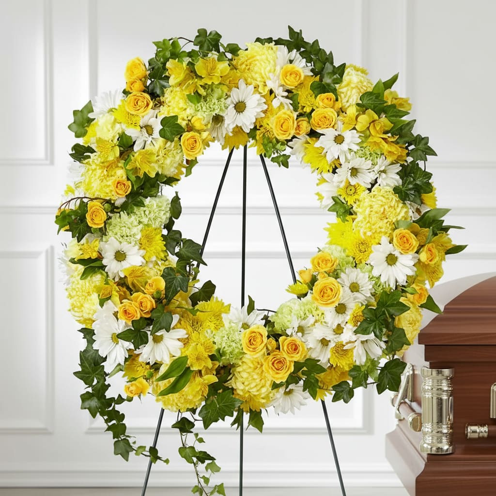 Yellow and white floral wreath on a stand