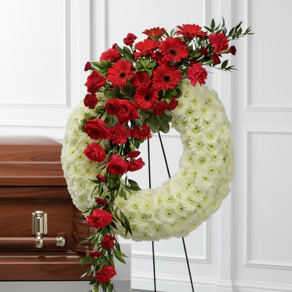 Red and white funeral wreath on a stand beside a casket