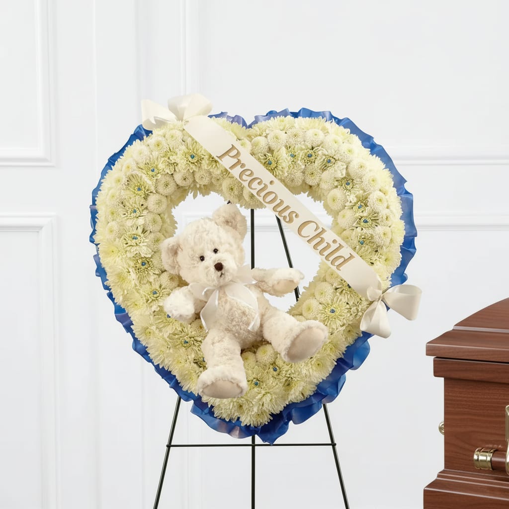 Heart-shaped white flower wreath with a teddy bear and ribbon on an easel