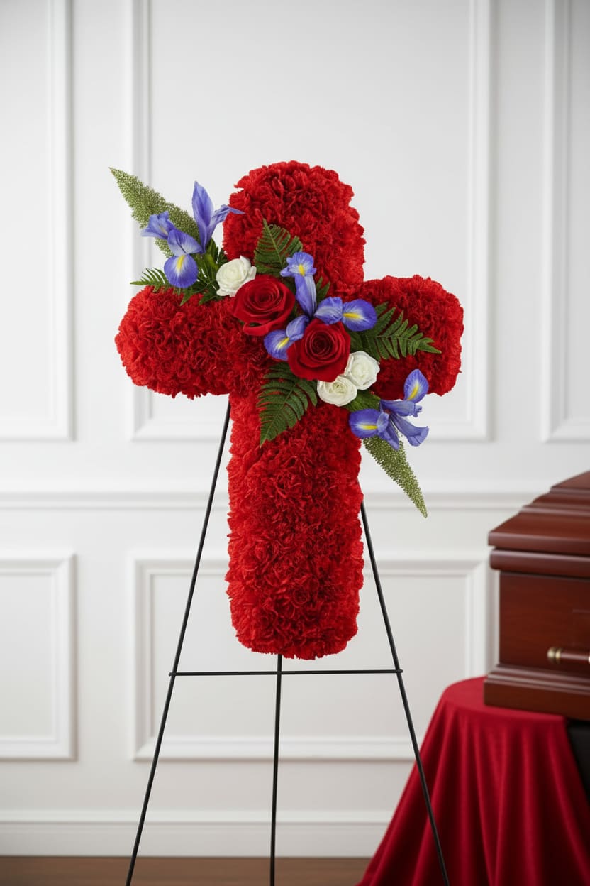 Red floral cross on a stand with roses and blue accents