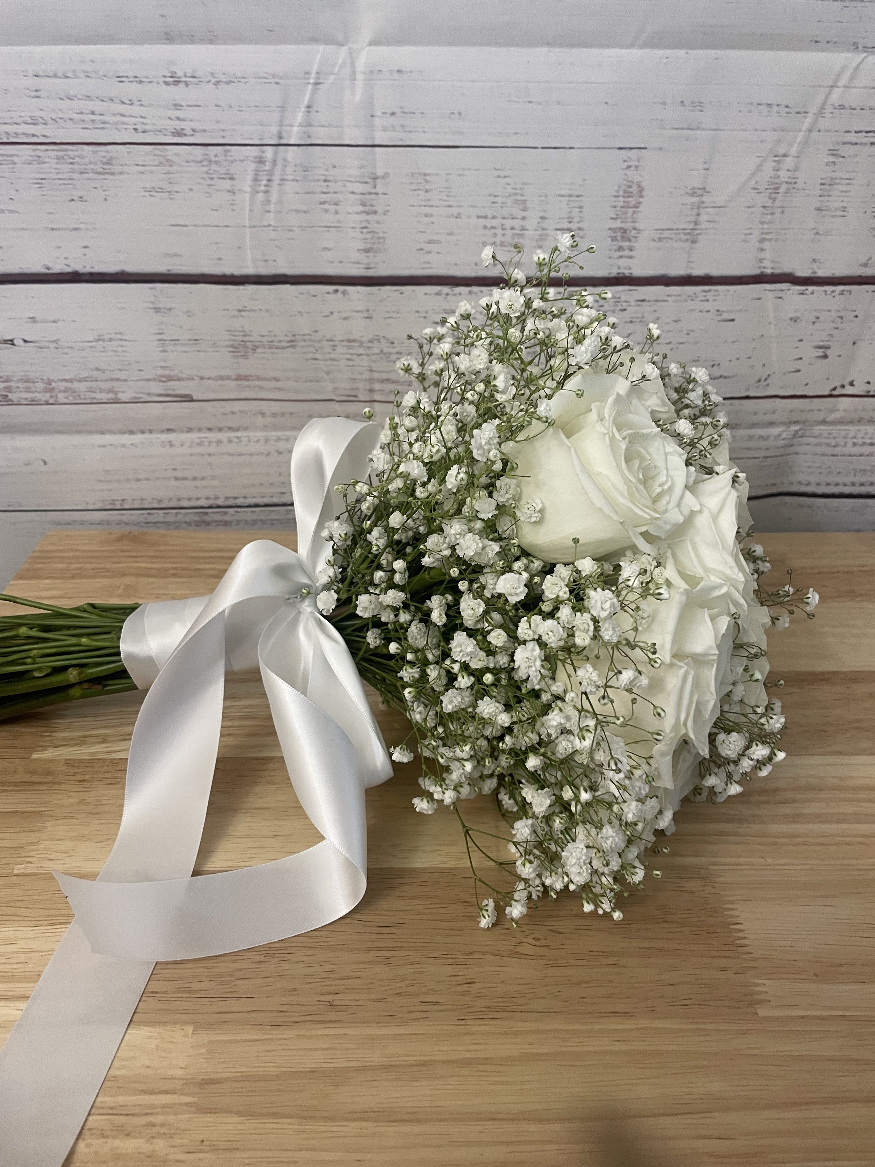 white rose bouquet - 12 white roses with gyp filler 