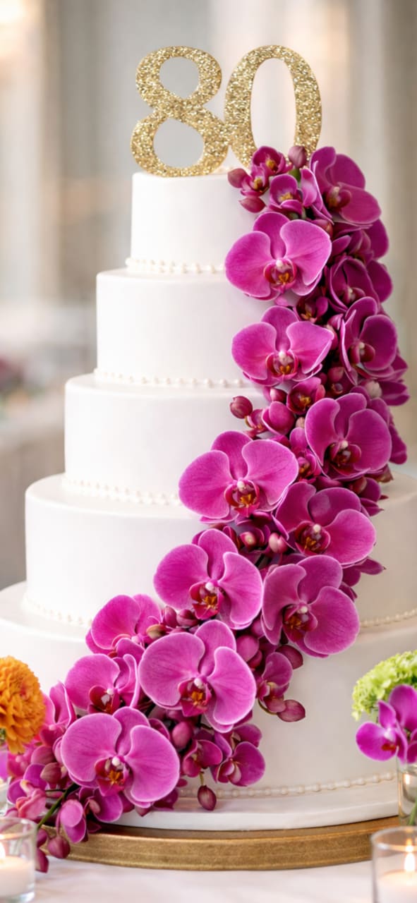 Orchid Cake Cascade - A dramatic "waterfall" of fuchsia phaleanopsis orchids (or color of your choice) flowers down the tiers. These sculptural blooms are chosen for their velvety texture and vibrant, long-lasting color. 