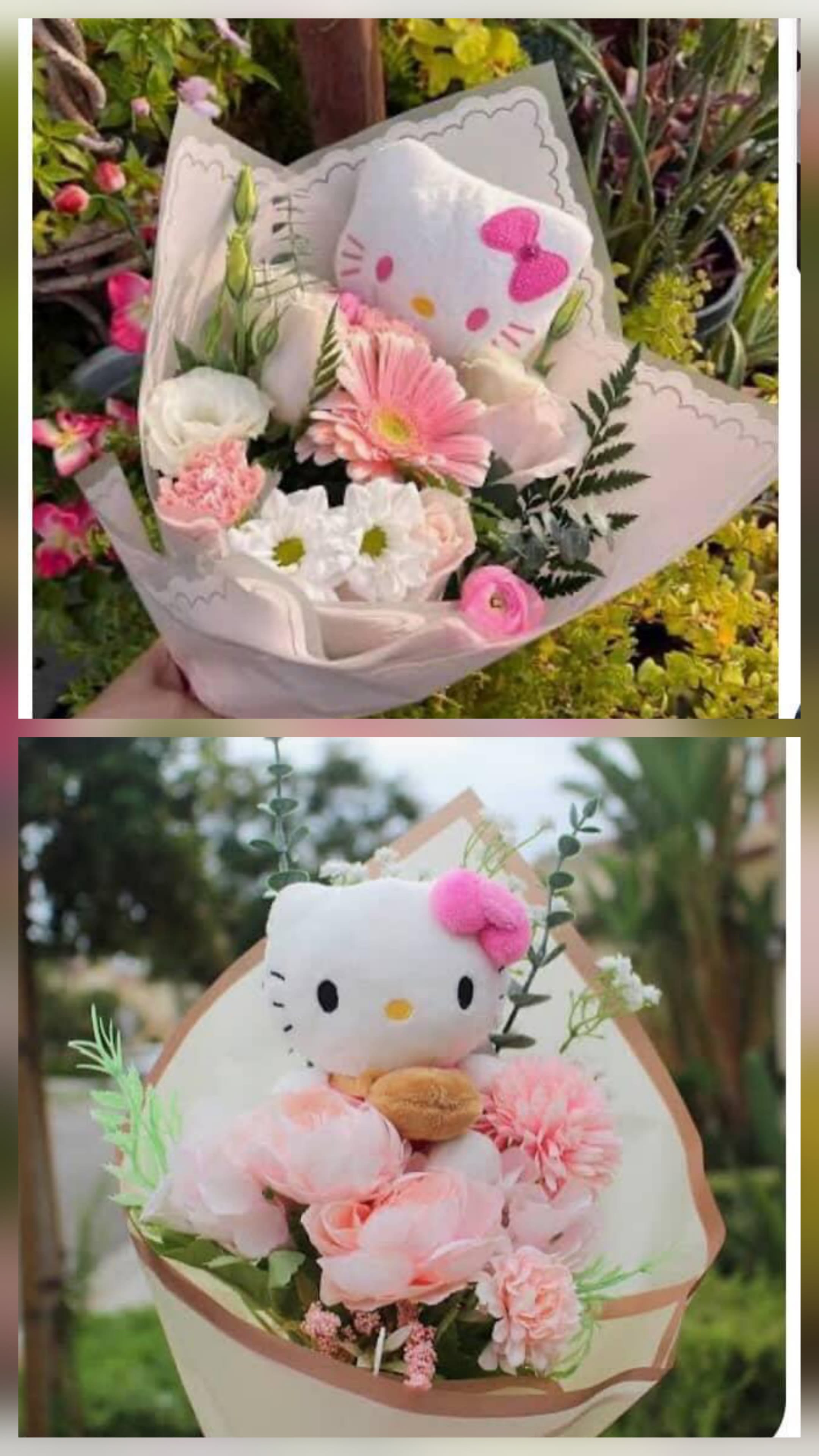 Hello Kitty Bouquet  - Soft pastel charm meets playful nostalgia in this hand-tied flower arrangement built around an iconic plush-perfect as a birthday bouquet, friendship gift, or lighthearted romantic surprise. The pink-and-white palette and rounded, gift-like presentation make the recipient feel seen and celebrated: she'll get a joyful, whimsical moment when she unwraps the paper to find a cuddly character tucked into soft blooms.  Each bouquet features pink gerbera daisies, blush roses, pink carnations, lisianthus and small filler blooms arranged with garden-fresh greenery and wrapped in pale decorative paper with a neat rounded finish. The pairing of fluffy textures and daisy-like blooms reads feminine and cheerful; a Hello Kitty plush toy is nestled in the center of each hand-held arrangement to keep the smile going long after the flowers fade.  Ideal for sending to a friend, daughter, or someone who loves cute, upbeat gestures, this arrangement arrives ready to gift-wrapped in decorative paper with simple ribbon-style edging. To help it last, keep stems in fresh water, trim ends if moving to a vase, and place away from direct heat or sunlight so the blooms stay sweet and soft for as long as possible.