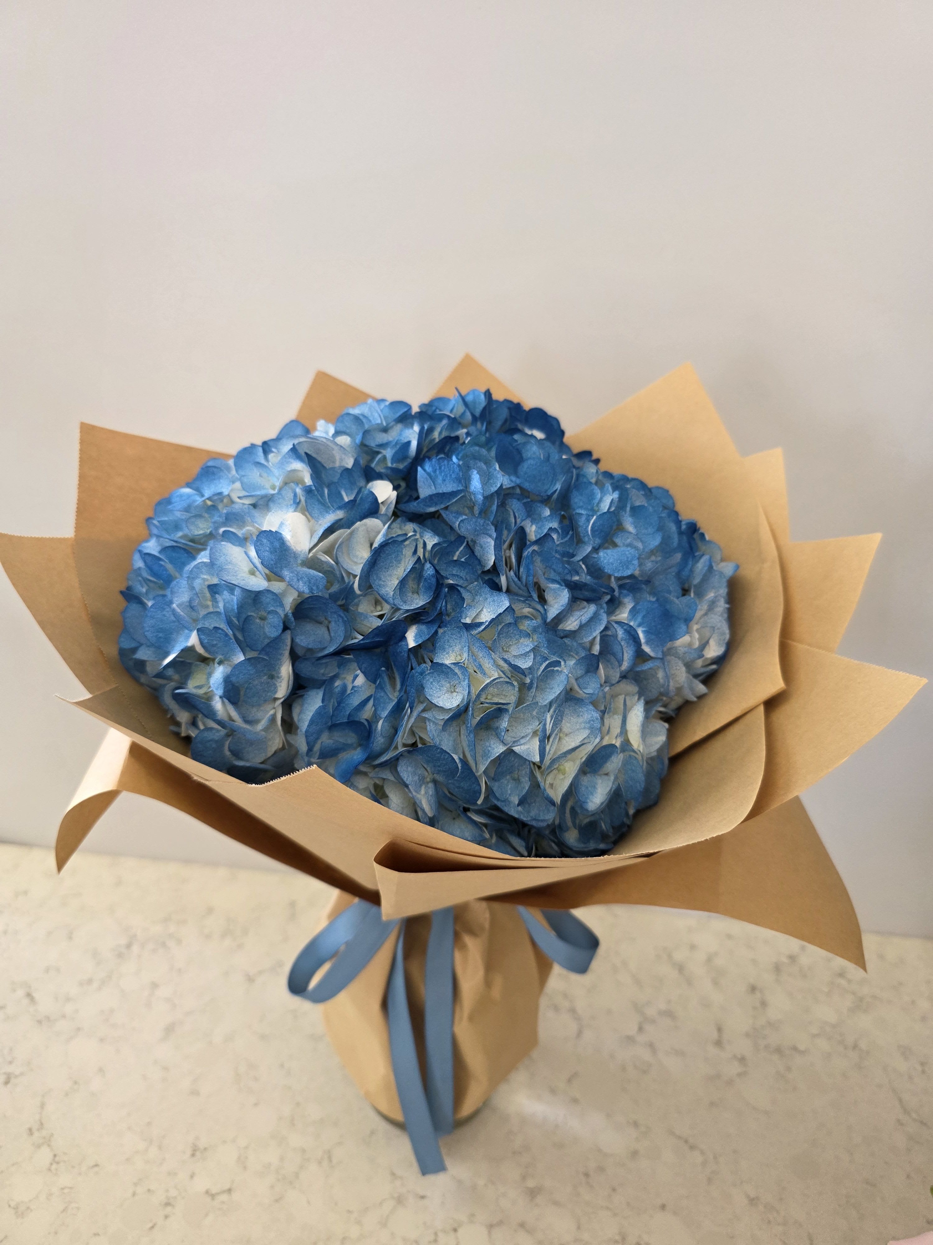 Blue Hydrangea Handtied Bouquet  - A cloudlike cluster of blue hydrangeas makes an immediate, calming impression-perfect as a birthday bouquet, spring celebration, or a thoughtful thank-you arrangement. The rounded handtied shape reads fresh and elegant, so the person you're thinking of will feel gently celebrated the moment they see the cool blue and pale white blooms.  Tightly clustered hydrangea heads create a dense, dome-like texture with soft variations of blue and touches of pale white for depth. The stems are wrapped in natural kraft paper and finished with a matching blue ribbon, giving the bouquet a simple, artisan presentation that feels both modern and heartfelt. Size notes: this is a full, rounded handtied bouquet meant to hold its shape as a centerpiece or gift.  Send this to someone who appreciates quiet sophistication-the kind of bouquet that brightens a kitchen table, office desk, or bedside without shouting. For best enjoyment, recut stems and place in fresh water on arrival; the cool-toned palette suits spring occasions, birthdays, or anytime you want to make someone feel especially seen.