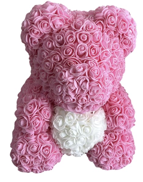Pink Rose Bear - Artificial rose bear pink with black and clear box and bow for the perfect display. 