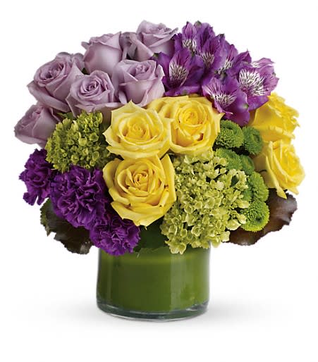 Simply Splendid Bouquet - Make a floral fashion statement! Hand-delivered in a leaf-wrapped cylinder vase, this stylish bouquet is a sophisticated mix of roses, hydrangea and alstroemeria that's outstanding for any occasion. 