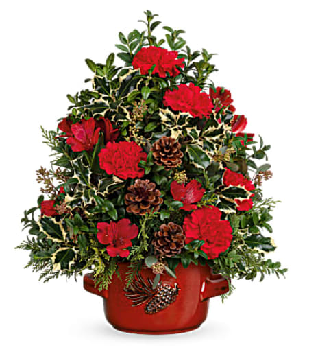 Teleflora's Holly &amp; Pinecones Tree Bouquet - Nothing's more festive than a vintage stoneware serving dish topped with a lush Christmas tree of holly and blooms! Red carnations and red alstroemeria are accented with English boxwood, seeded eucalyptus, cedar and green holly. Delivered in Teleflora's Vintage Stoneware Bowl. Orientation: All-Around