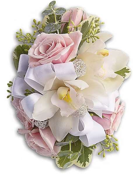 Pink roses and white orchids with a lavender ribbon