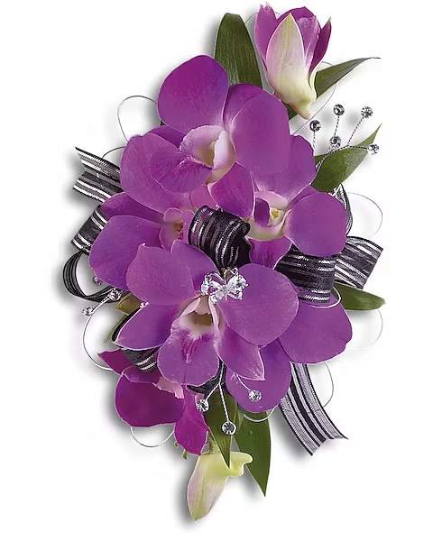 Purple orchid corsage with striped ribbon and silver accents