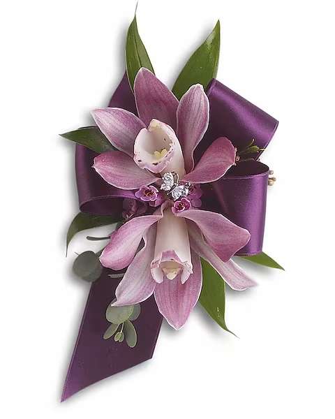 Purple orchid corsage with satin ribbon and green leaves