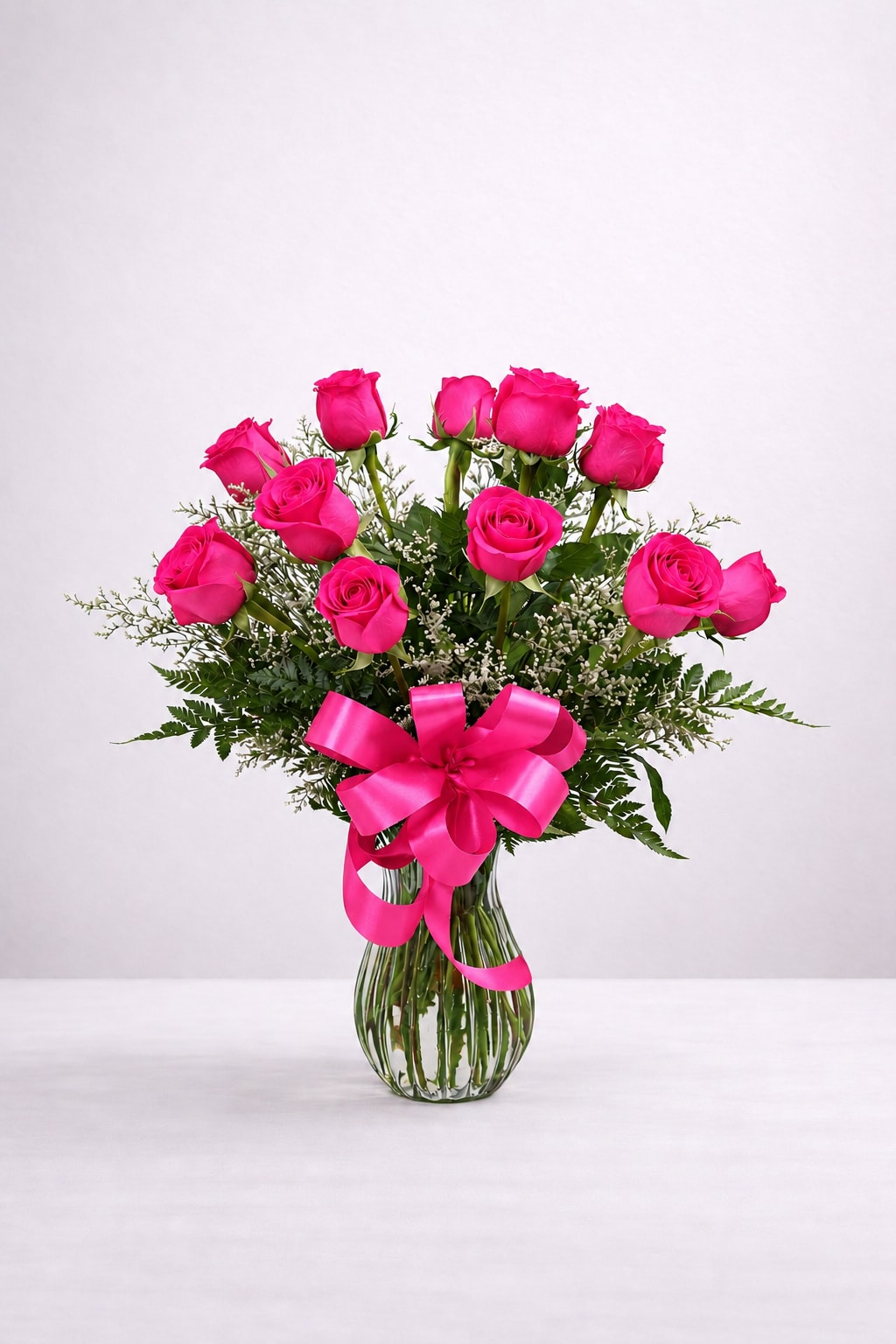 Pink roses arranged in a clear glass vase with a bright pink ribbon