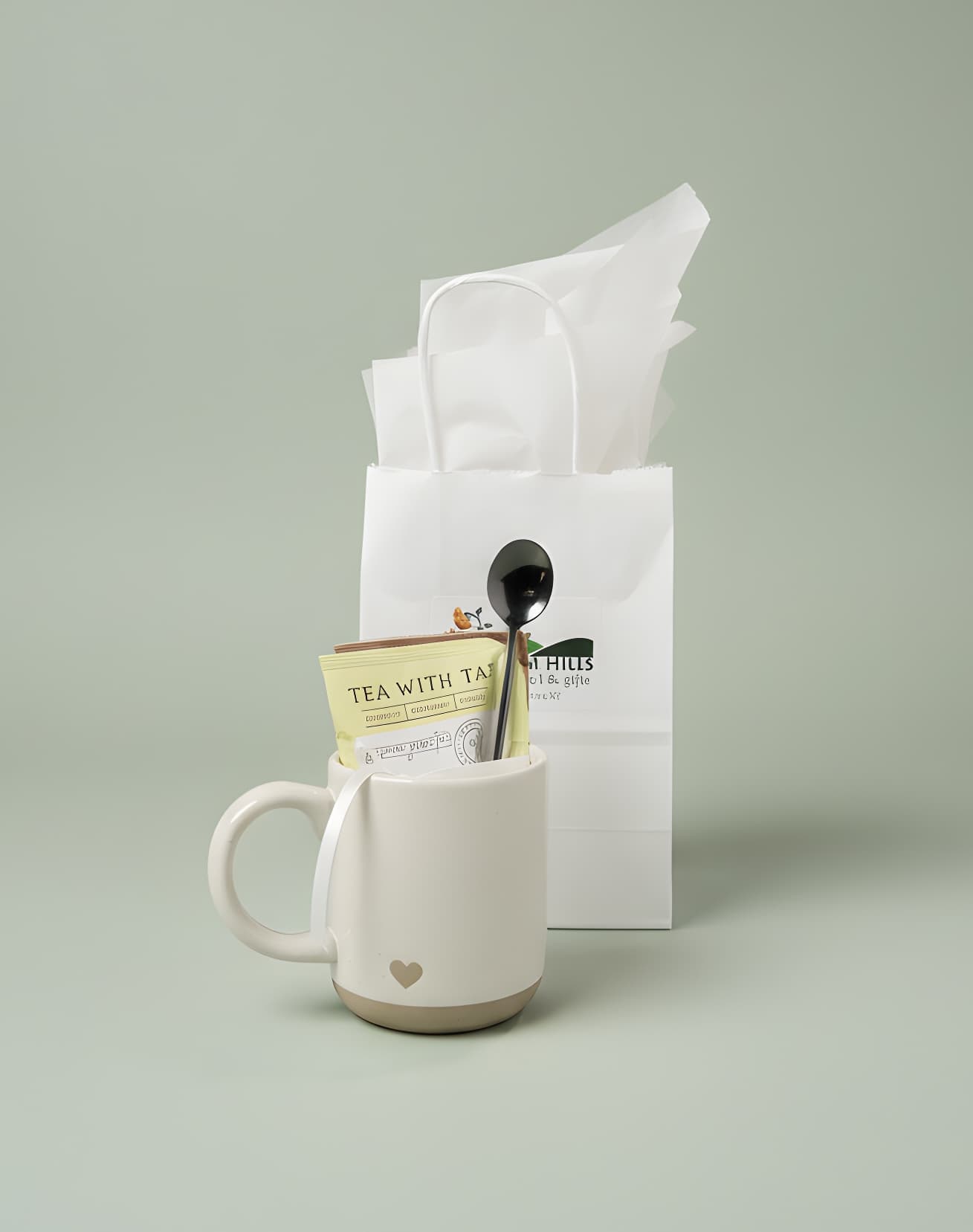 White mug gift set with tea packet and spoon in a paper bag