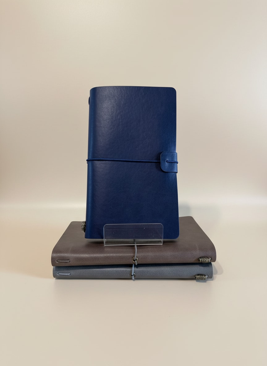 Three leather-bound notebooks stacked with a blue journal standing on top