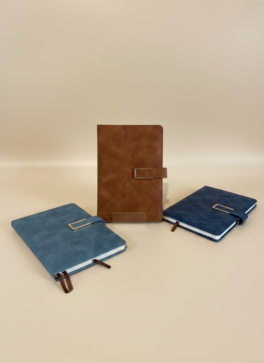 Three leather-bound notebooks in blue and brown with metal clasps
