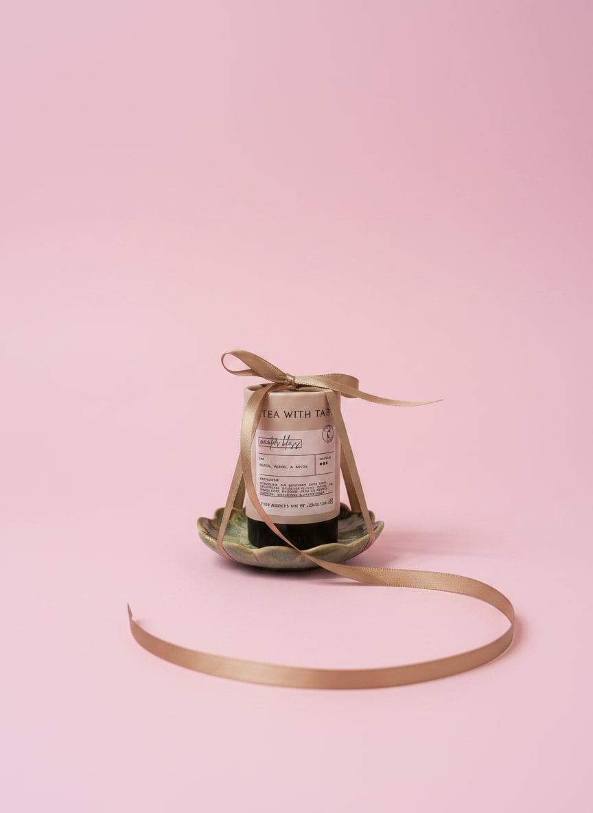 Tea bottle tied with a gold ribbon on a small dish against a pink background