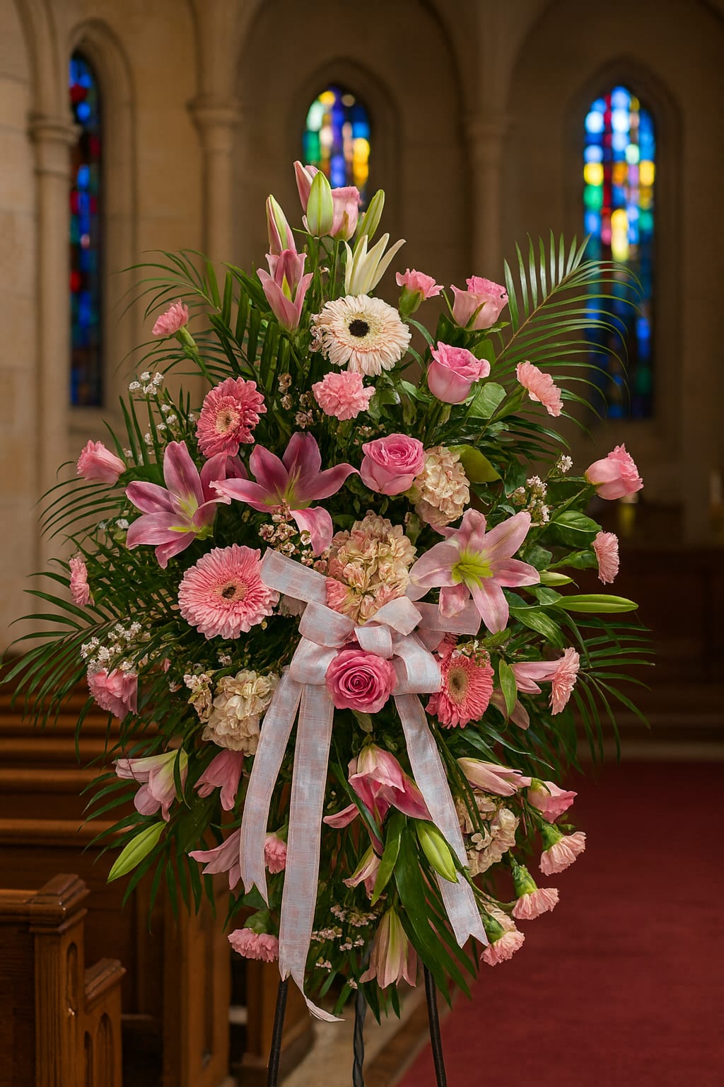 Large pink floral standing spray with lilies, roses, and gerbera daisies