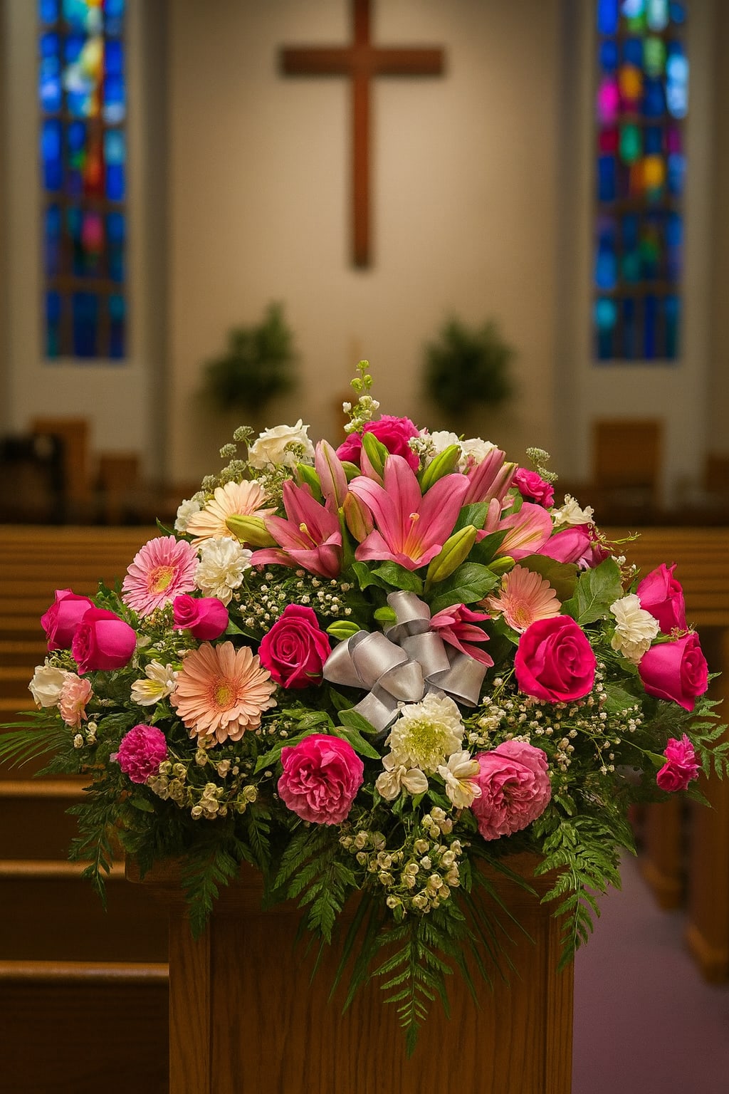 Pink and white floral arrangement with lilies and roses in a church