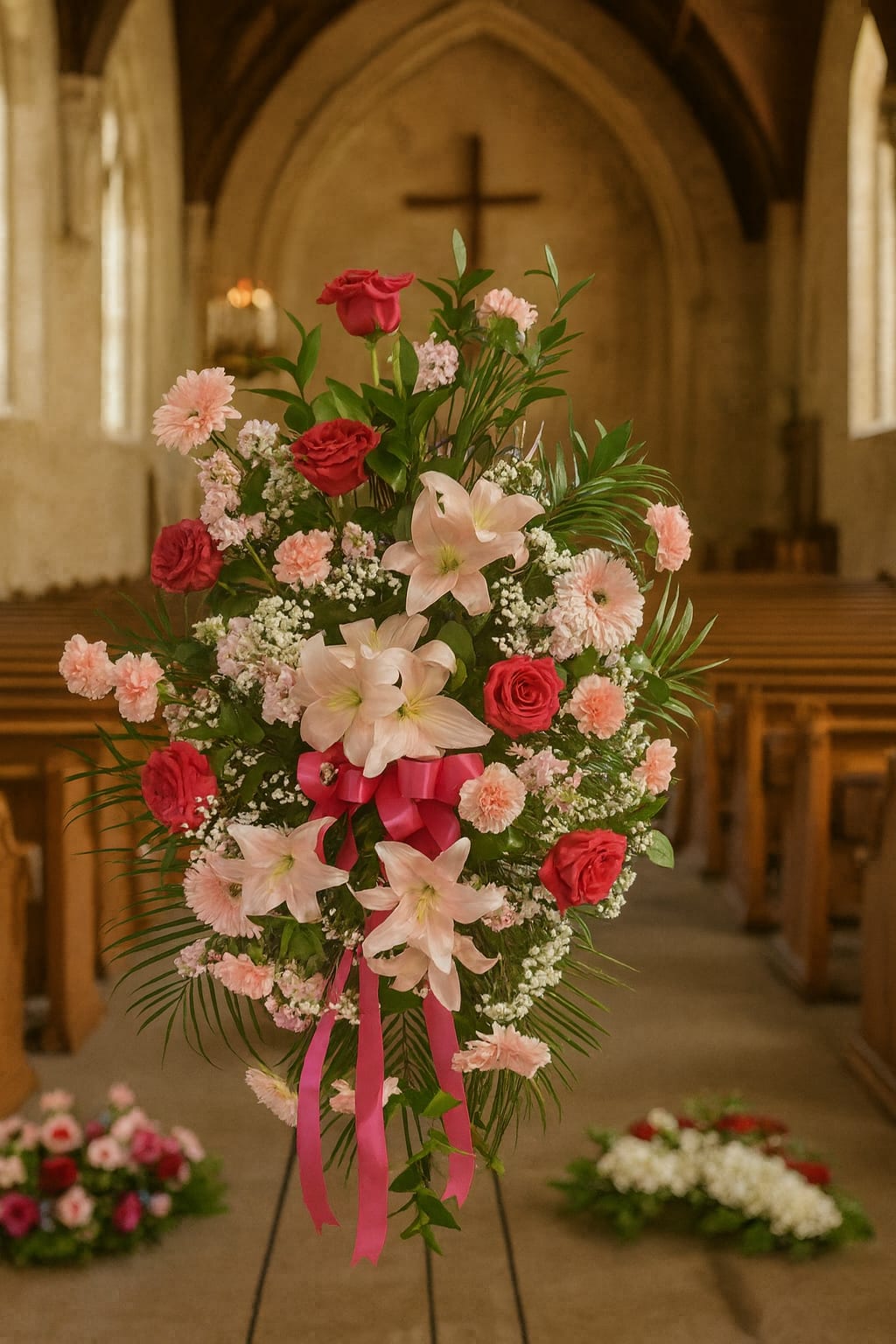 Standing floral spray with pink and red blooms and a ribbon in a church