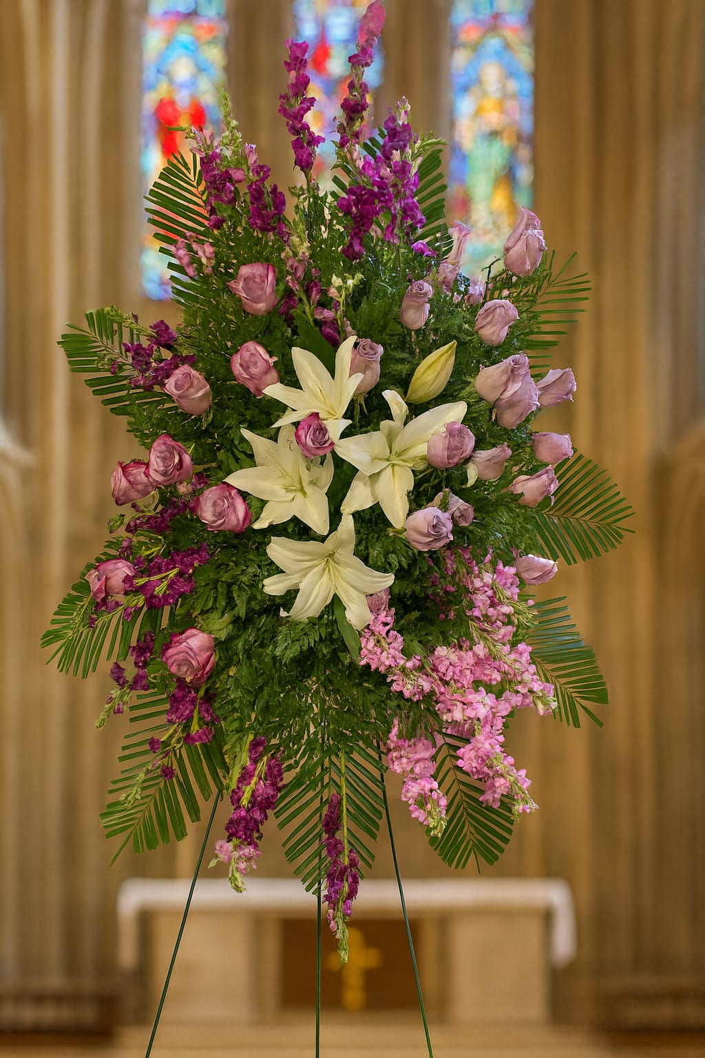 Standing floral spray with white lilies and pink roses