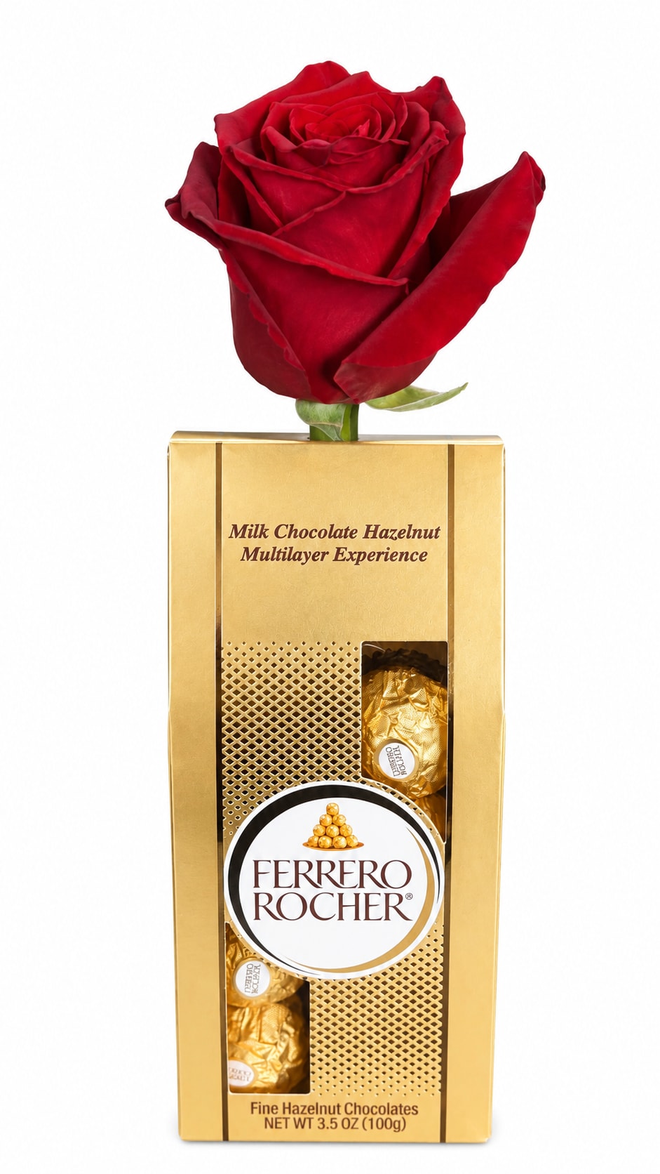 Red rose on top of a Ferrero Rocher chocolate box