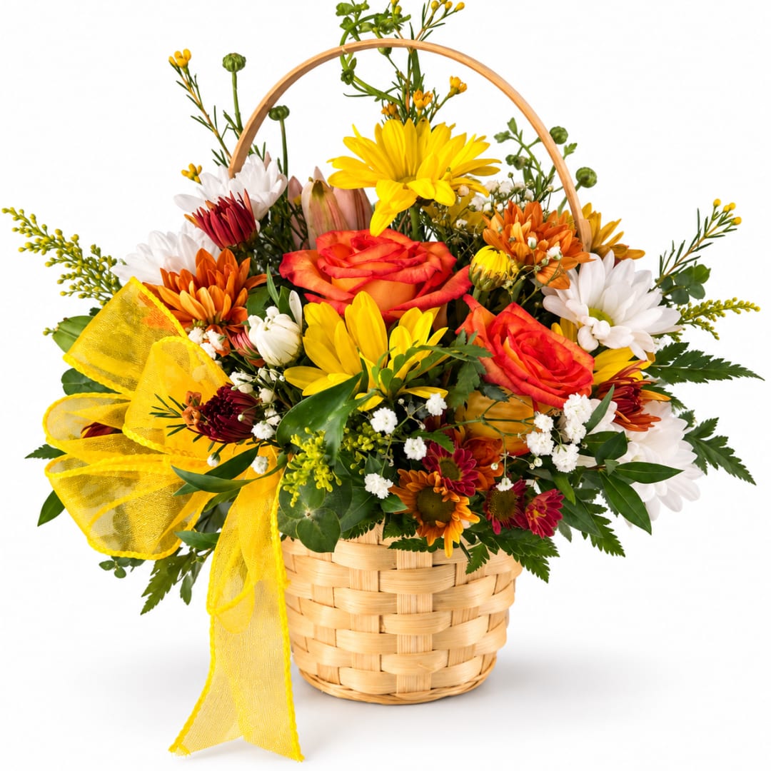 Basket arrangement of mixed flowers with a yellow ribbon