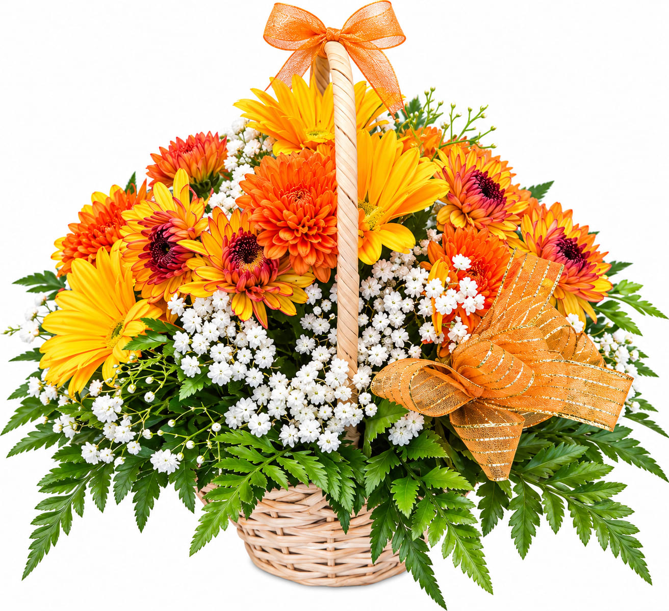 Orange and yellow flowers in a wicker basket with orange bows
