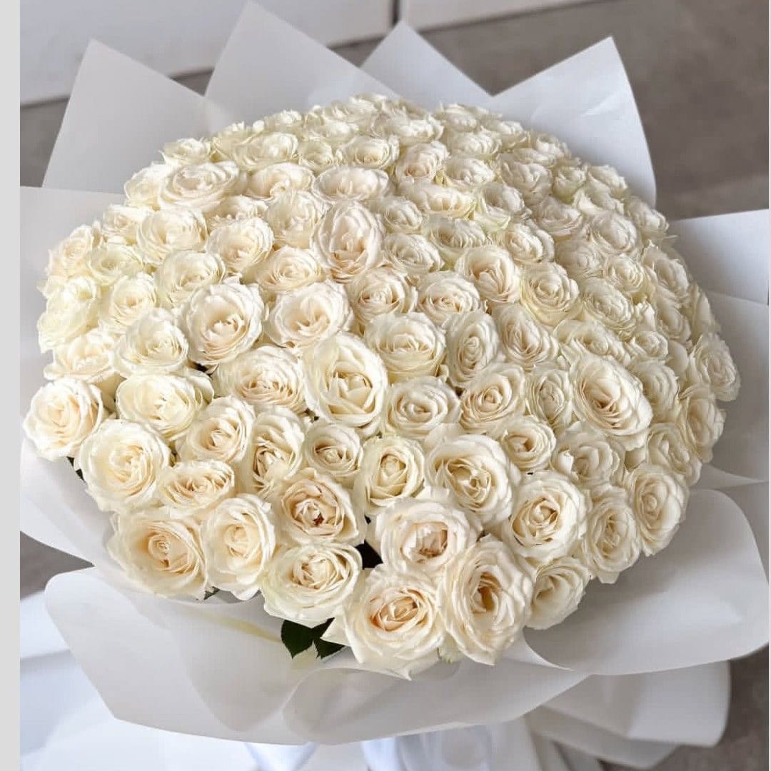 Large bouquet of cream roses wrapped in white paper