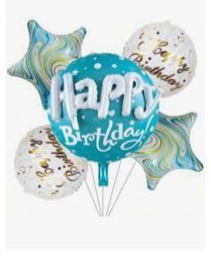 Birthday balloon bouquet with a teal "Happy Birthday" balloon and star balloons