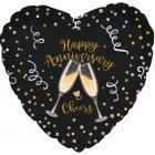 Black heart-shaped balloon with champagne glasses and Happy Anniversary text