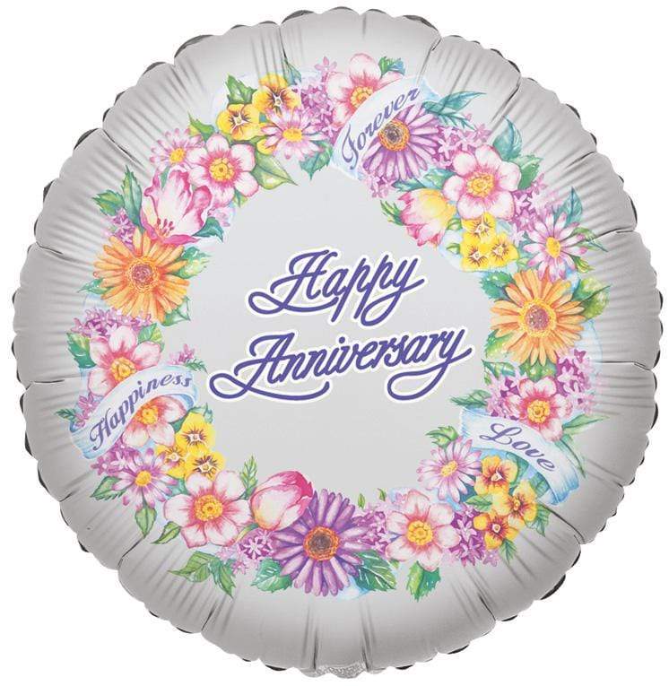 Round silver balloon with floral wreath and "Happy Anniversary" text