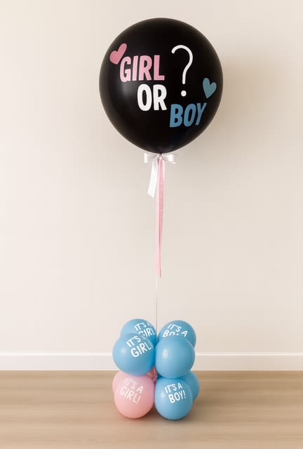 Black gender reveal balloon with pink and blue text, tied to a cluster of blue and pink balloons