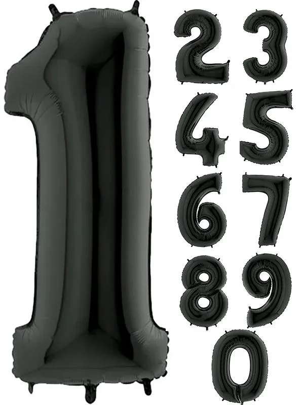 Black number balloons arranged as 1, 2, 3, 4, 5, 6, 7, 8, 9, 0