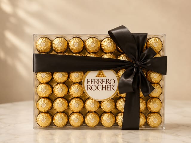 Box of Ferrero Rocher chocolates tied with a black ribbon