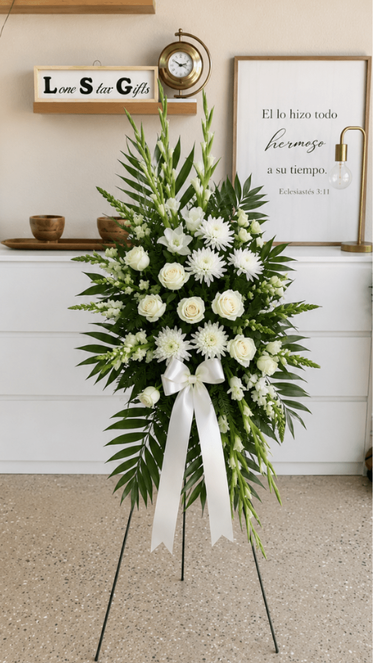 Elegant White Standing Funeral Spray - Elegant white standing funeral spray with fresh roses, gladiolus, and chrysanthemums. A beautiful sympathy tribute available for same-day flower delivery in Midland, TX.